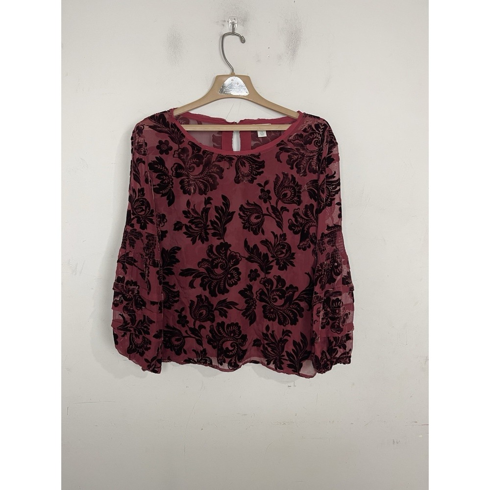 Sundance‎ Silk Blend Burnout Velvet Floral Blouse Burgundy Tiered Sleeve PM